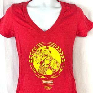 Tsingtao Beer 2016 Year of Monkey Ladies L Red V-Neck T-Shirt Large Promo